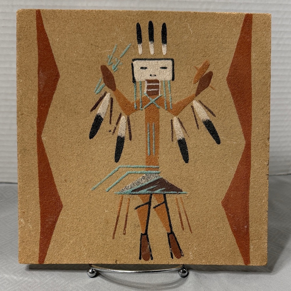 Native American Sand Art Painting Healing God Feather Design Signed Vintage